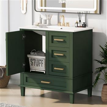 30\\" Bathroom Vanity in Green, Modern Bathroom Cabinet with Sink Combo Set, Bathroom Storage Cabinet with a Soft Closing Door and 3 Drawers, Solid Wood Frame