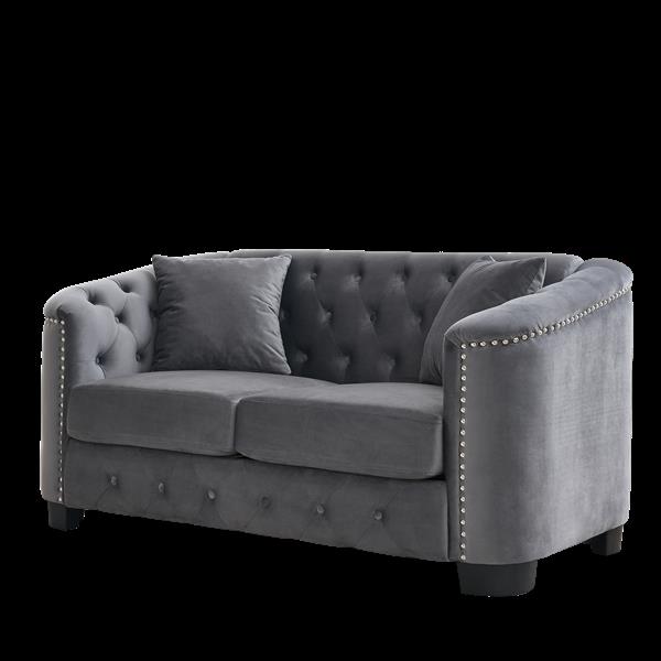 59-Inch Modern Chesterfield Velvet Sofa, 2-Seater Sofa, Upholstered Tufted Backrests with Nailhead Arms and 2 Cushions for Living Room, Bedroom, Apartment, Office (Grey)