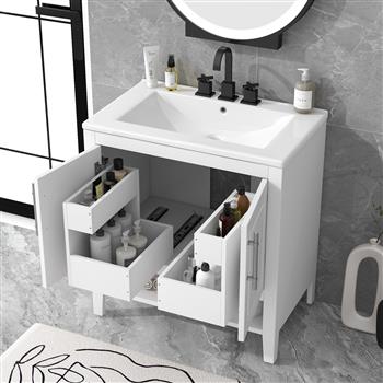 30\\" Bathroom Vanity with Sink, Multi-functional Bathroom Cabinet with Doors and Drawers, Solid Frame and MDF Board, White