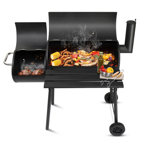 Barrel Charcoal Grill with Offset Smoker, All Metal Outdoor Smoker with Side Table and Wheels for Outdoor Garden Patio and Backyard Cooking