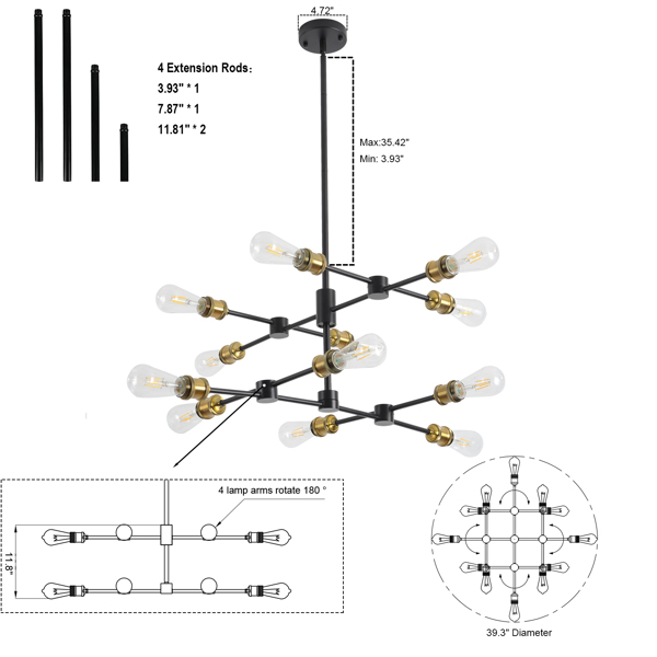 Black and Brass Chandelier Mid Century Sputnik Pendant Light 12-Lights Chandeliers Height Adjustable E26 Contemporary Ceiling Chandelier