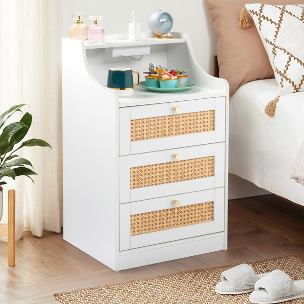 FCH white particleboard with triamine matt gold tapered handle 45*35*73cm rattan three drawers with compartments bedside table 1 wireless + 2 USB ports + 2 US standard three-plug ports