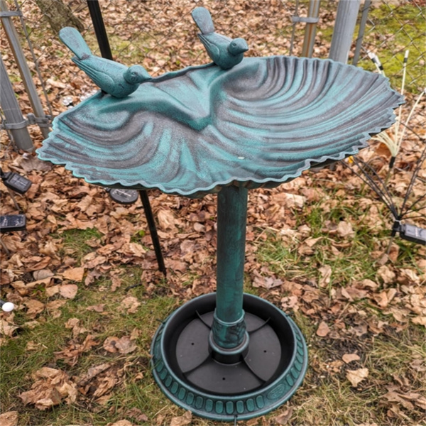 Dark green bird bath feeder with flowerpot base