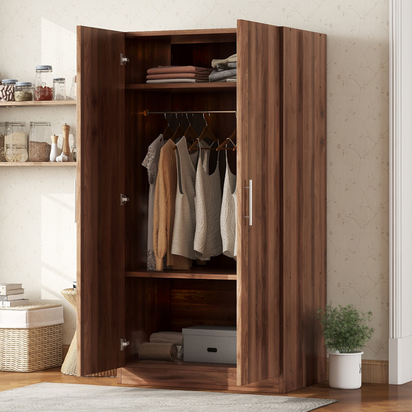 2-Door Wooden Wardrobe Armoire with 3 Storage Shelves, Brown