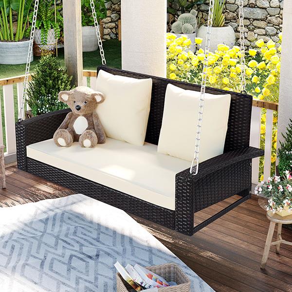 2-Person Wicker Hanging Porch Swing with Chains, Cushion, Pillow, Rattan Swing Bench for Garden, Backyard, Pond. (Brown Wicker, Beige Cushion)