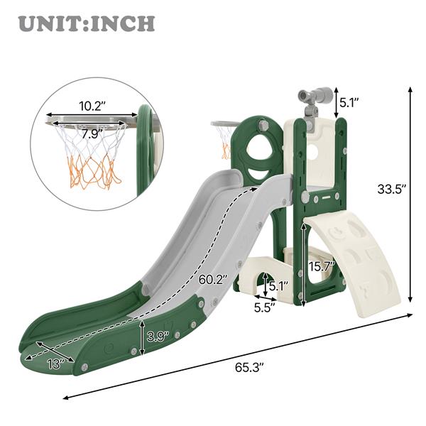 Kids Slide Playset Structure 5 in 1,   Spaceship Set with Slide, Telescope and Basketball Hoop, Golf Holes for Toddlers, Kids Climbers Playground