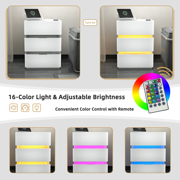 RGB LED With with Charging Station and USB Ports 3 Drawer Side Cabinet Bedside Table Nightstand White