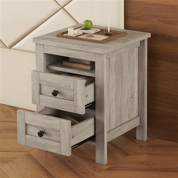 2-Drawer Farmhouse Wooden Nightstand with Well-proportioned Design and Sleek Lines, Wood Side Table with Storage Cabinet for Bedroom, Antique Gray