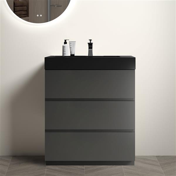 30" Gray Bathroom Vanity with Sink, Large Storage  Bathroom Vanity for Modern Bathroom, One-Piece Black Sink Basin without Drain and Faucet