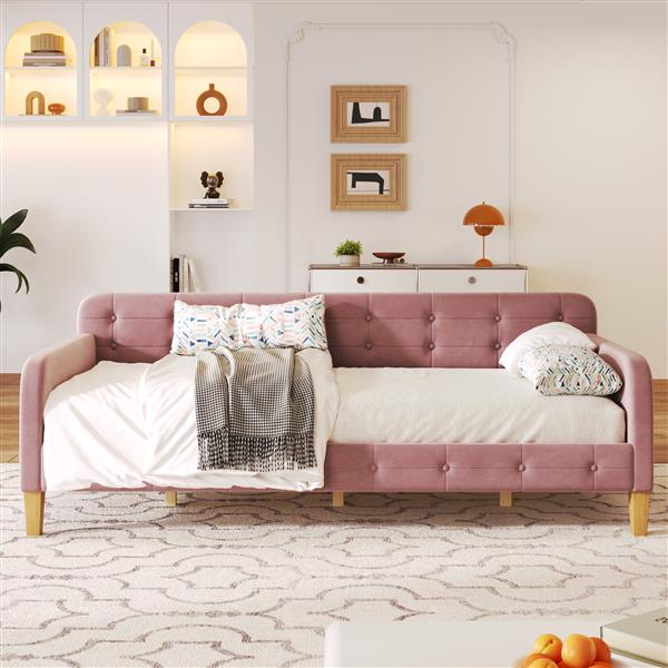 Twin Size Upholstered Daybed with 4 Support Legs, Pink