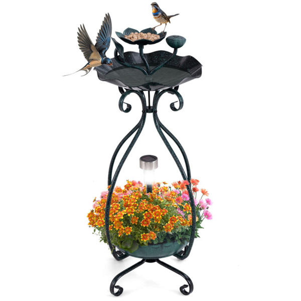 Dark green Solar Bird Bath Feeder Combo with Flower Planter Pedestal and Solar Lights