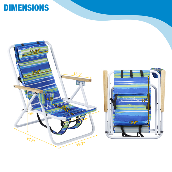 Folding Beach Chair Set of 2 for Adults, 4 Position Portable Backpack Foldable Camping Chair with Headrest Cup Holder and Wooden Armrests, Blue & Green Stripes