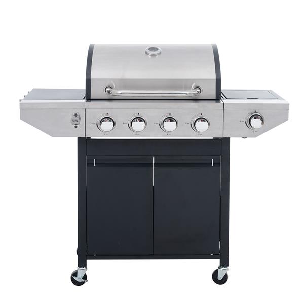 Propane Grill 4 Burner Barbecue Grill Stainless Steel Gas Grill with Side Burner and Thermometer for Outdoor BBQ, Camping