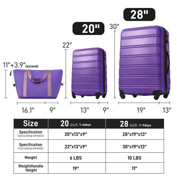 Hardshell Luggage Sets 2Pcs + Bag Spinner Suitcase with TSA Lock Lightweight 20" + 28"