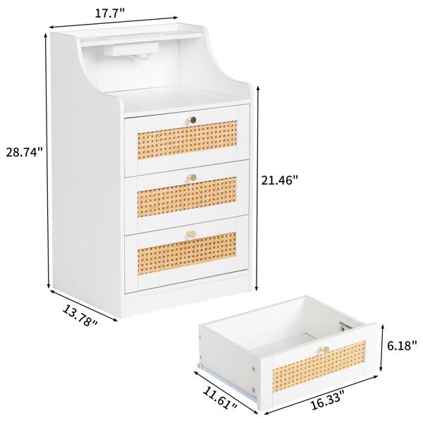 FCH white particleboard with triamine matt gold tapered handle 45*35*73cm rattan three drawers with compartments bedside table 1 wireless + 2 USB ports + 2 US standard three-plug ports