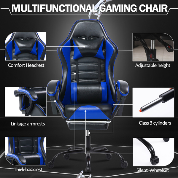 Computer Gaming Chairs with Footrest, Ergonomic Gaming Computer Chair for Adults, PU Leather Office Chair Adjustable Desk Chairs with Wheels, 360°Swivel Big and Tall Gamer Chair, Blue