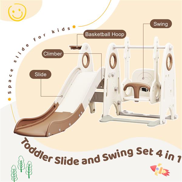 4 in 1 Toddler Slide and Swing Set, Kids Playground Climber Slide Playset with Basketball Hoop, Combination for babies