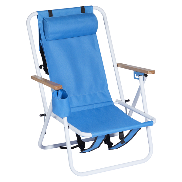 Folding Beach Chair Set of 2 for Adults, 4 Position Portable Backpack Foldable Camping Chair with Headrest Cup Holder and Wooden Armrests, Blue(Same as 53764266 )