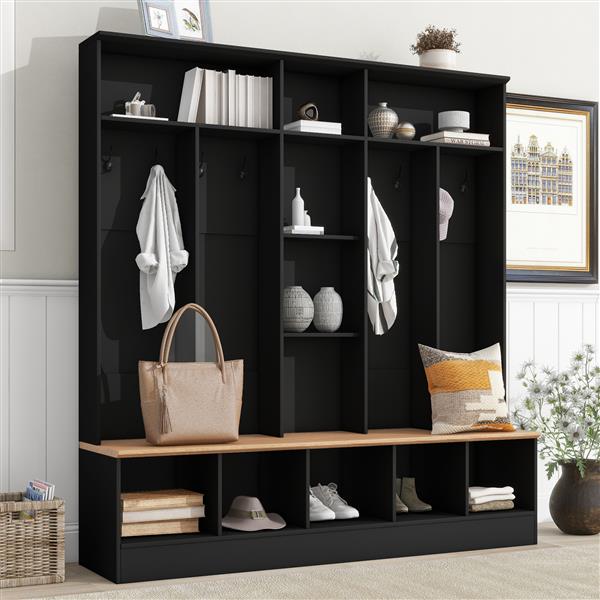 Wide Design Hall Tree with Storage Bench, Minimalist Shoe Cabinet with Cube Storage & Shelves, Multifunctional Coat Rack with 8 Hooks for Entryways, Mudroom, Black