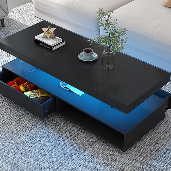 LED Coffee Table with Storage, Modern Center Table with 2 Drawers and Display Shelves, Accent Furniture with LED Lights for Living Room,Black