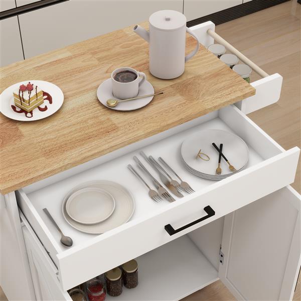 Kitchen island rolling trolley cart with Adjustable Shelves & towel rack & seasoning rack rubber wood table top-White