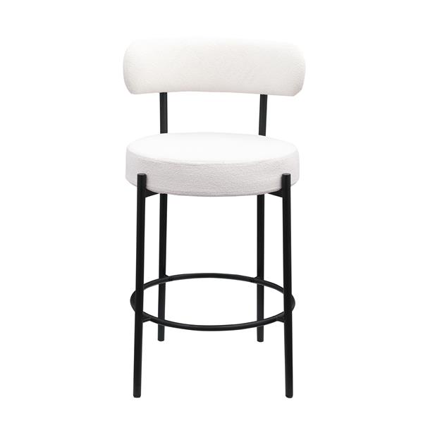 Modern Counter Height Stools Set of 2, Uphsoltered 26" Seat Height Barstools with Black Metal Legs Round Low Back Kitchen Stools with Footrest for Dining Room, White