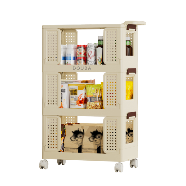 3-Tier Kitchen Storage Cart,Multifunction Utility Rolling Storage Organizer,Mobile Shelving Unit Cart with Lockable Wheels for Bathroom,Laundry,Living Room, beige 