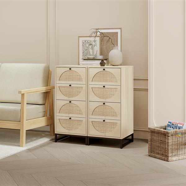 Set of 2, Natural Rattan, Cabinet with 4 Drawers, Suitable for Living room, Bedroom and Study, Diversified Storage