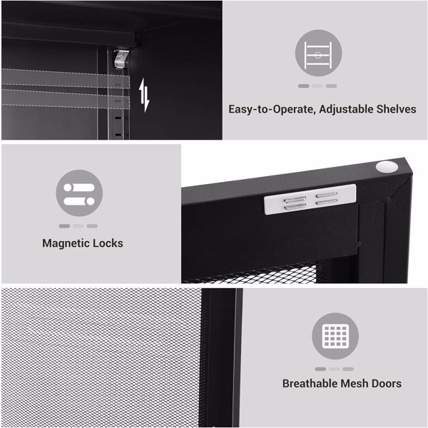  Metal Storage Cabinet with Mesh Doors, Liquor Cabinet with Adjustable Shelves for Kitchen,  Living Room, Home Office, Black