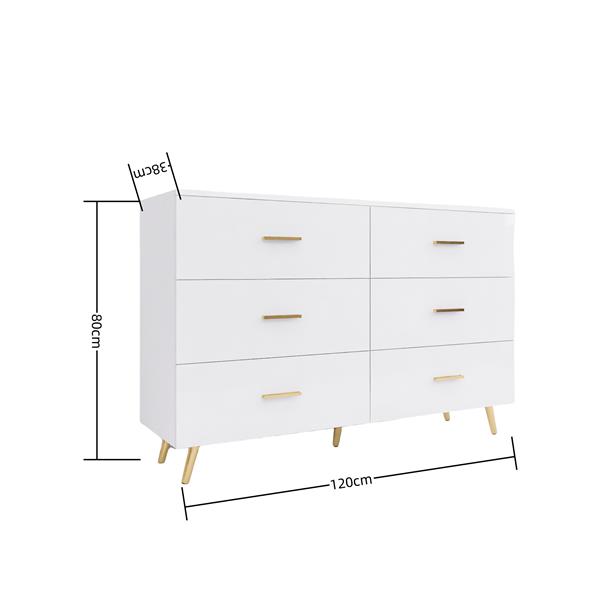 High Glossy Surface 6 Drawers Chest of Drawer with Golden Handle and Golden Steel Legs White Color Vanity