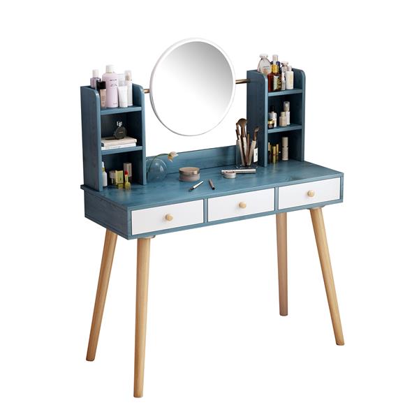 Fashion Vanity Desk with Mirror and Lights for Makeup Vanity Mirror with Lights  with 3 Color Lighting Brightness Adjustable, 3 Drawers, Blue  Color