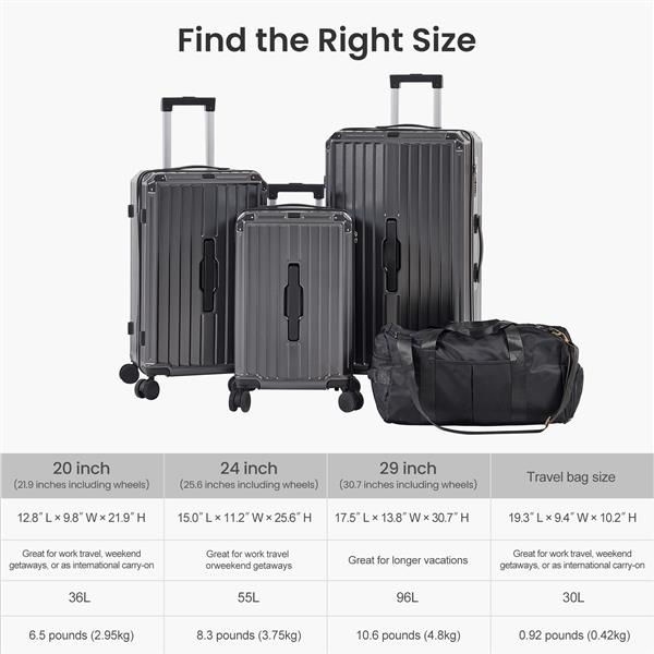 Luggage Set 4 pcs (20"/24"/29"/Travel Bag), PC+ABS Durable Lightweight Luggage with Collapsible Cup Holder, 360° Silent Spinner Wheels, TSA Lock, Gray