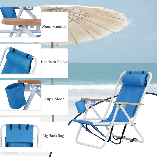 Folding Beach Chair Set of 2 for Adults, 4 Position Portable Backpack Foldable Camping Chair with Headrest Cup Holder and Wooden Armrests, Blue(Same as 53764266 )