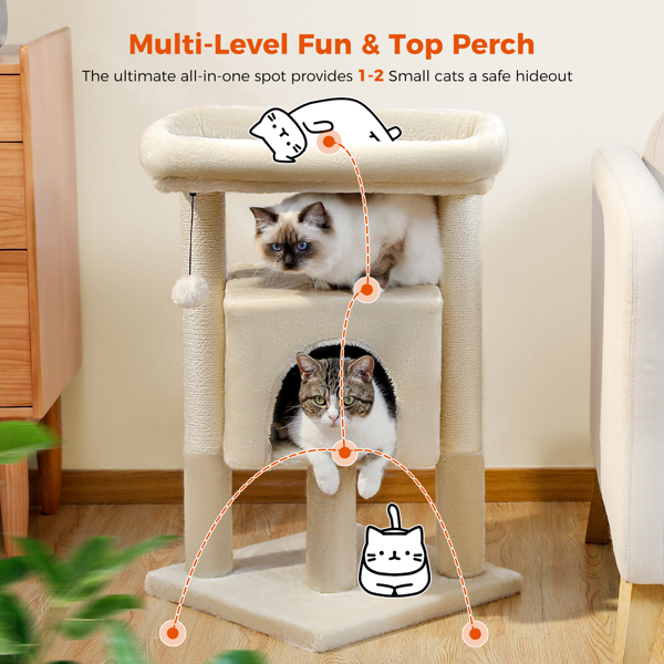 Modern Small Cat Tree Cat Tower with Sisal Scratching Post, Cozy Condo, Top Perch and Dangling Ball Beige(Banned shein,unable to ship on weekends)