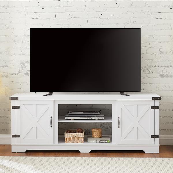 Modern Farmhouse TV Media Stand, Large Barn Inspired Home Entertainment Console, for TV Up to 70'', with Open Shelves and Closed Cabinets, White, 64.8"W*15.67"D*24.29"H