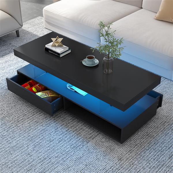 LED Coffee Table with Storage, Modern Center Table with 2 Drawers and Display Shelves, Accent Furniture with LED Lights for Living Room,Black