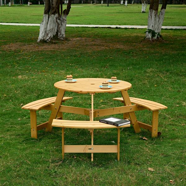 Outdoor 6 Person Picnic Table, 6 person Round Picnic Table with 3 Built-in Benches, Umbrella Hole, Outside Table and Bench Set for Garden, Backyard, Porch, Patio,  Natural