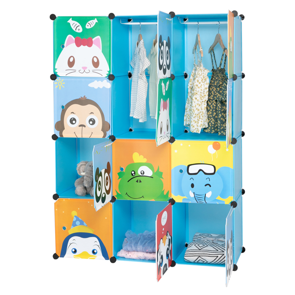 4-Layer 12-Grid 2-Hanging Rod Magic Cube Wardrobe, Plastic + Steel Wire Material with Animal Pattern, Pattern Door Blue Cabinet