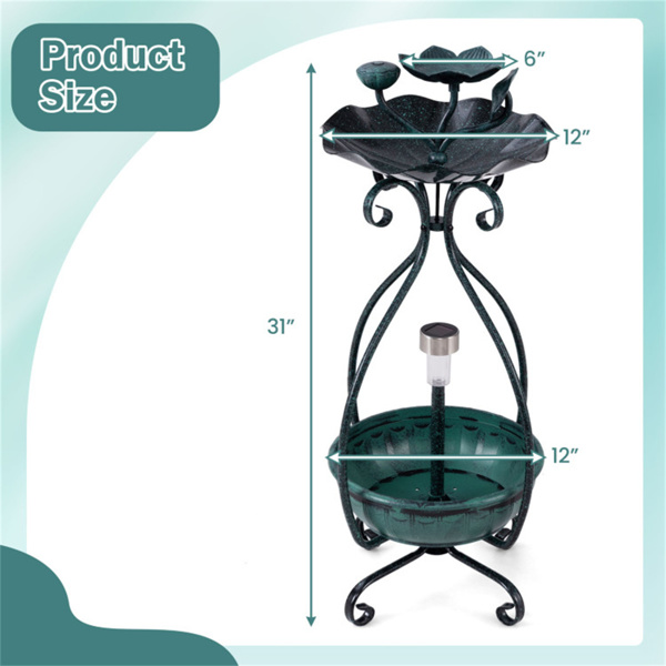 Dark green Solar Bird Bath Feeder Combo with Flower Planter Pedestal and Solar Lights