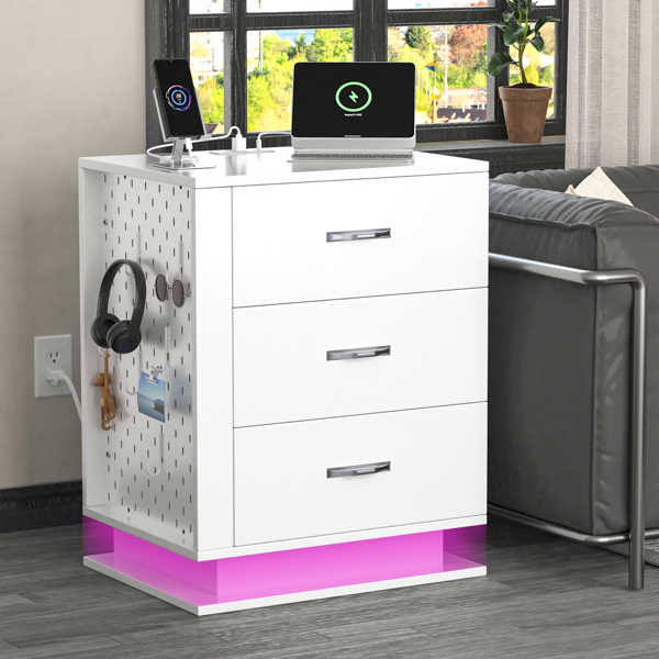 RGB LED With with Charging Station and USB Ports 3 Drawer Side Cabinet Bedside Table Nightstand Right Side White