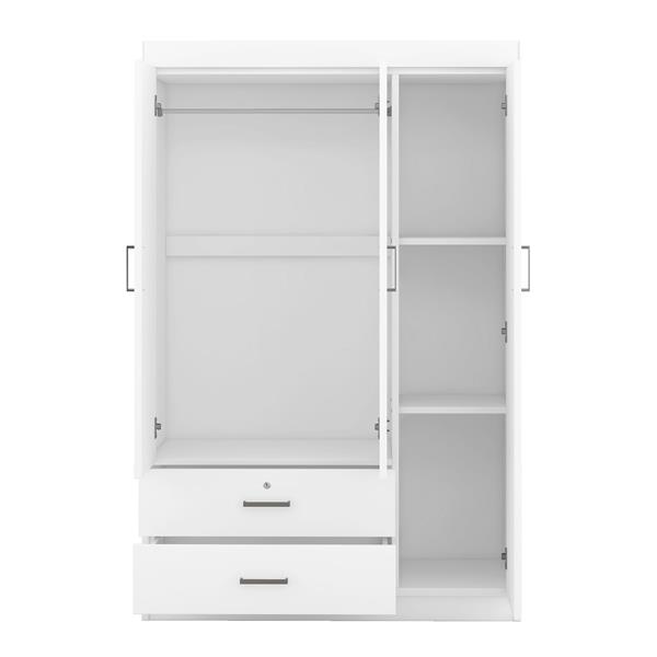 3-Door Mirror Wardrobe with shelves, White