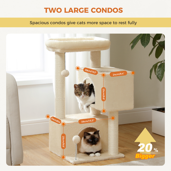 31.5" Cat Tree Cat Tower with Dual Large Condos for Kittens and Medium Size Cats,Beige(Banned shein,unable to ship on weekends)