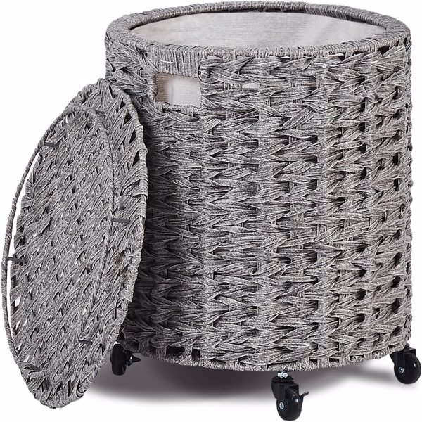 Vintage Storage Basket, Multipurpose Rolling Hamper With Brakable Wheels and Lid, Braid Laundry Bin, Handwave Clothes Toy Organizer Tote for Living Room