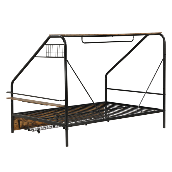 Full Size Metal Frame Platform Bed with Clothes Rack, Storage Shelves and 2 Drawers, Black 