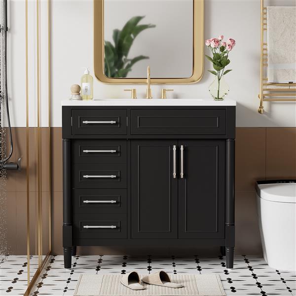 36'' Bathroom Vanity with Top Resin Sink,  Bathroom Storage Cabinet with 2 Drawers and a Tip-out Drawer, Solid Wood Frame Vanity Set, Height Adjustable Shelf