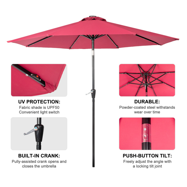 9FT  Umbrella Waterproof Folding Sunshade  Wine Red with Light（Not Included Umbrella Base）