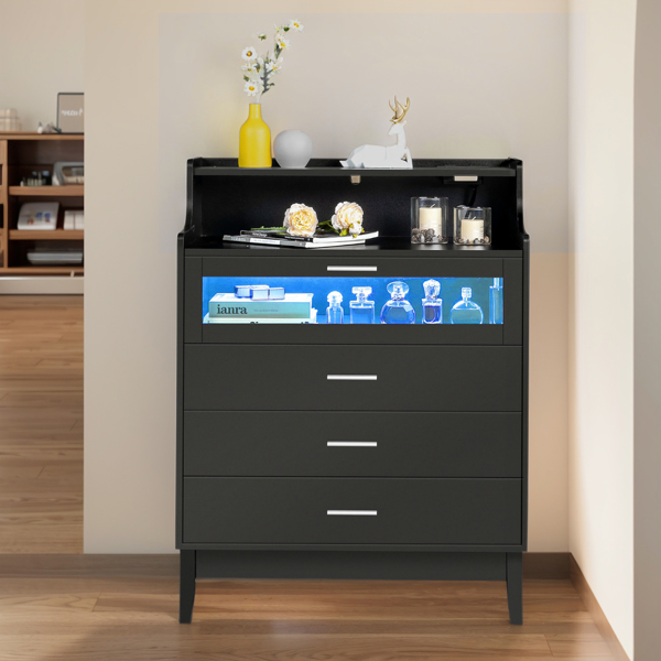 Particleboard Wood 4 Drawers with Shelf & LED Light Strips & Charging Station & USB Ports Dresser Bed Table Black