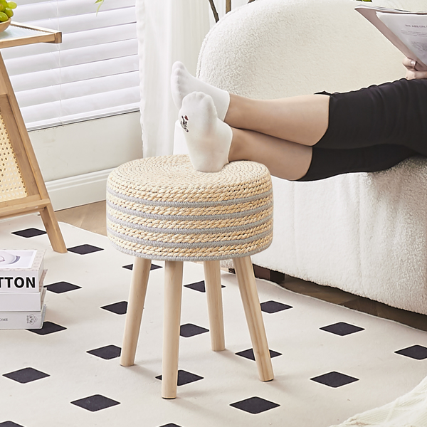 Amazon Shipping Round Ottoman Footstool Natural Seagrass Foot Stool Pouf Ottomans with Solid Wood Legs Hand Weave Hyacinth Footrest Step Stool for Living Room Balcony Garden