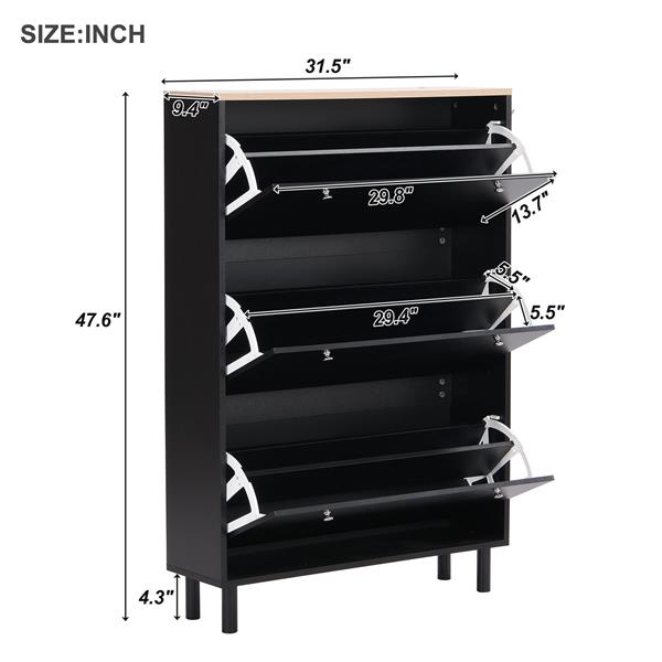 Narrow Design Shoe Cabinet with 3 Flip Drawers, Wood Grain Pattern Top Entryway Organizer with 3 Hooks, Free Standing Shoe Rack with Adjustable Panel for Hallway, Black