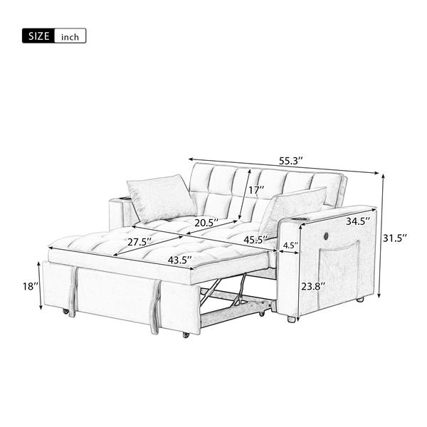 55.3" 4-1 Multi-functional Sofa Bed with Cup Holder and USB Port for Living Room or Apartments Pink